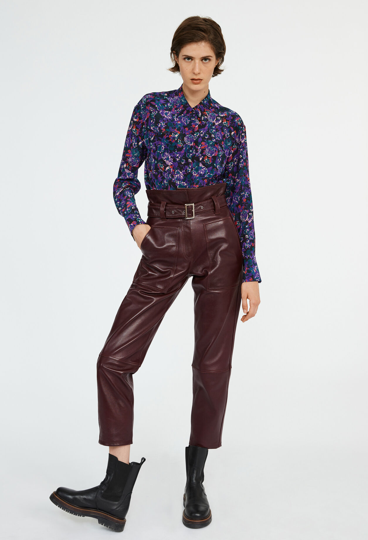 burgundy faux leather pants outfit