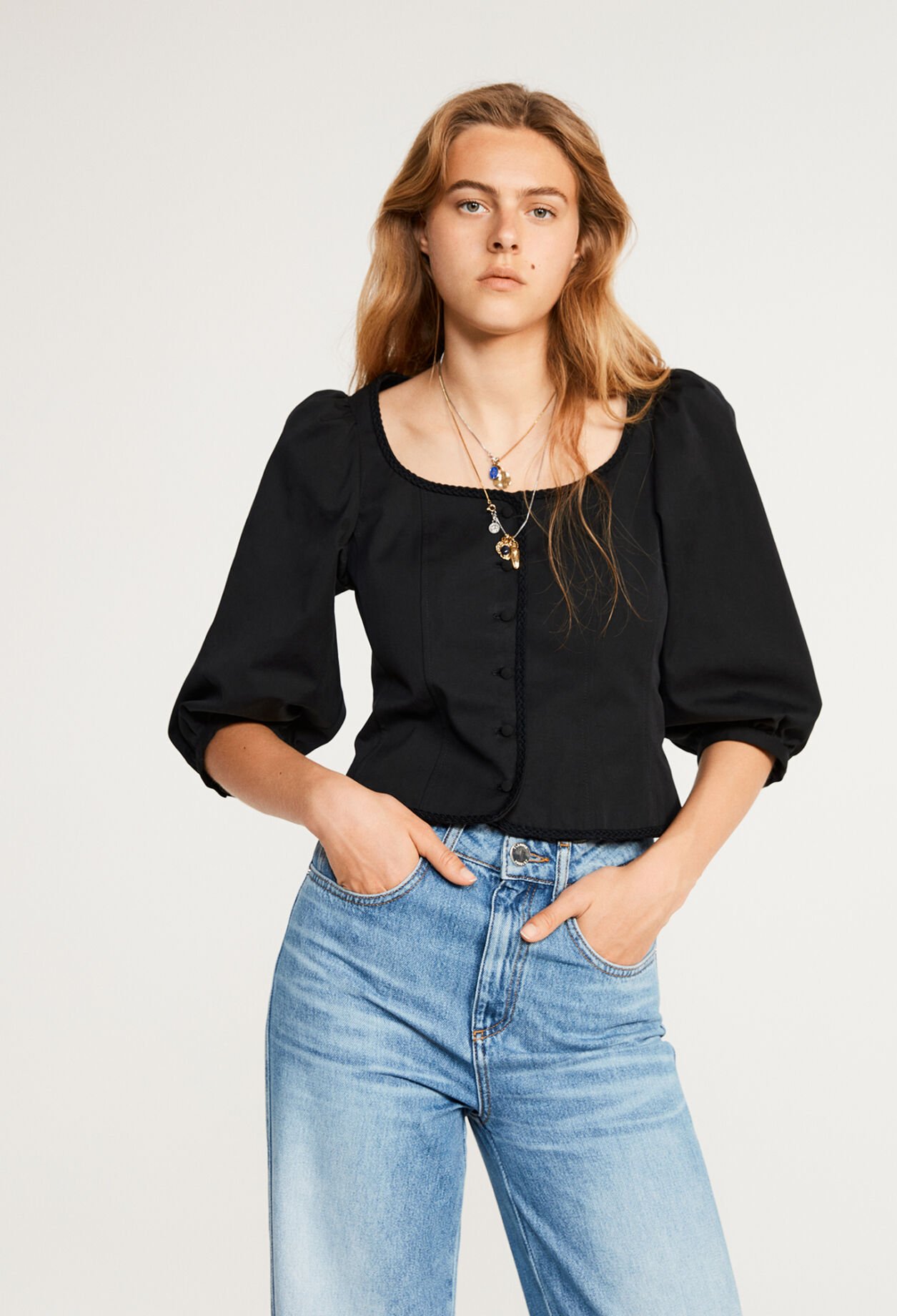 Black blouse with puff sleeves in size T1 | Claudie Pierlot