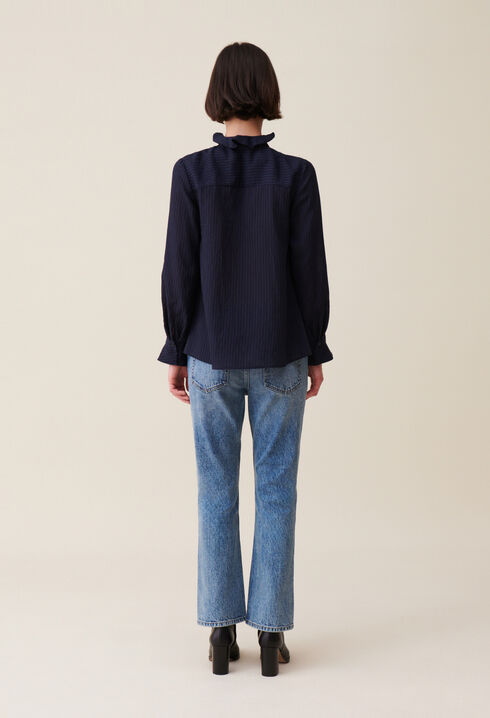 Dark blue striped ruffled blouse