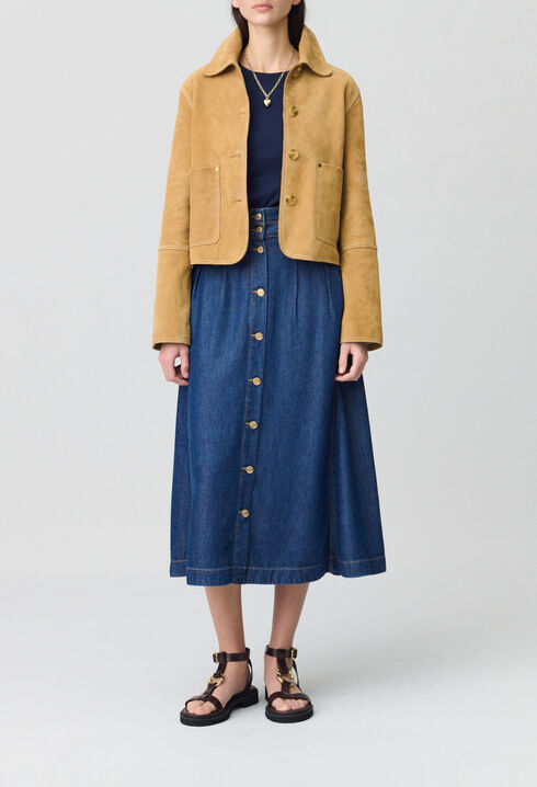 Long Button-Down Denim Skirt