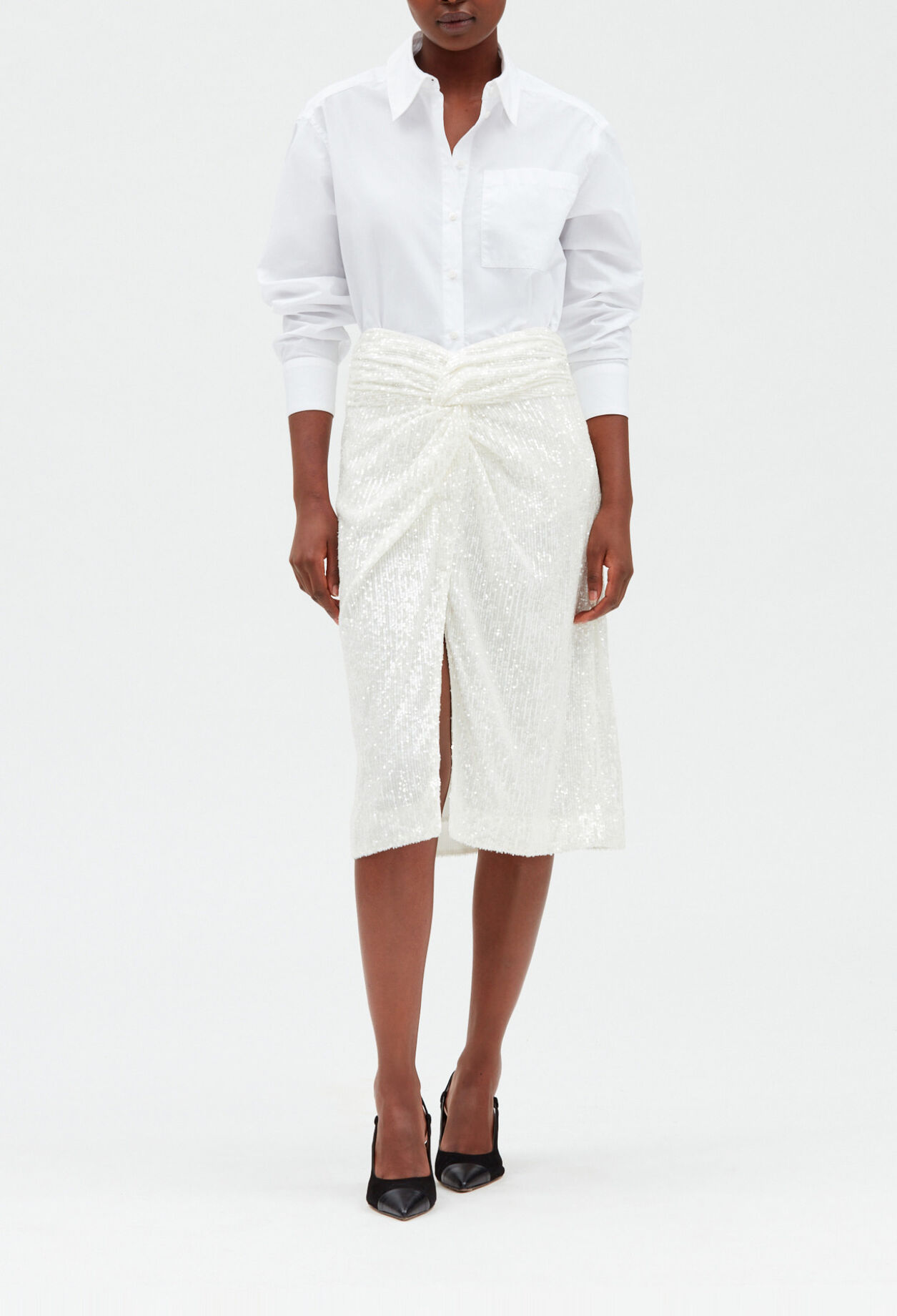 Jupe midi &agrave; sequins blanche