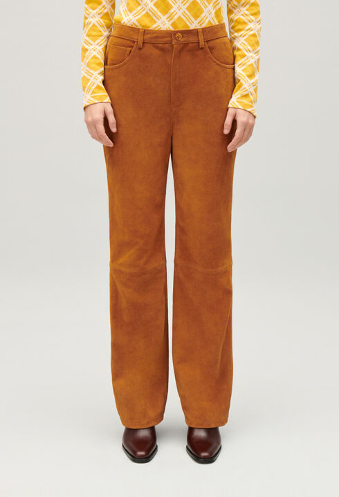 Pantalon cuir su&egrave;de beige fonc&eacute;