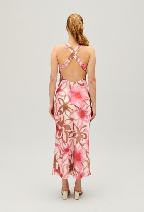 Langes, satiniertes Kleid mit Printmotiv