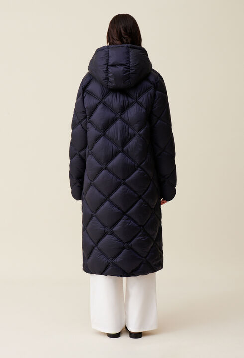 Long quilted hooded puffer coat