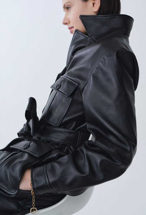Trench-coat cuir col tailleur
