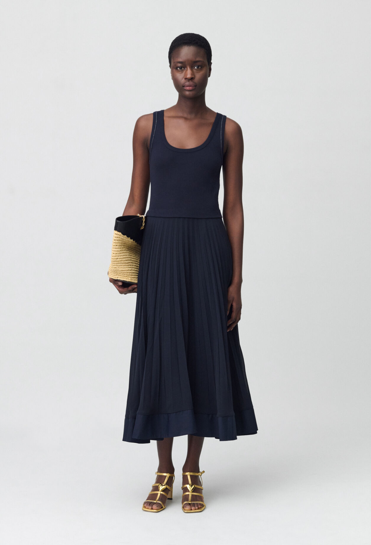 Navy blue long pleated dress
