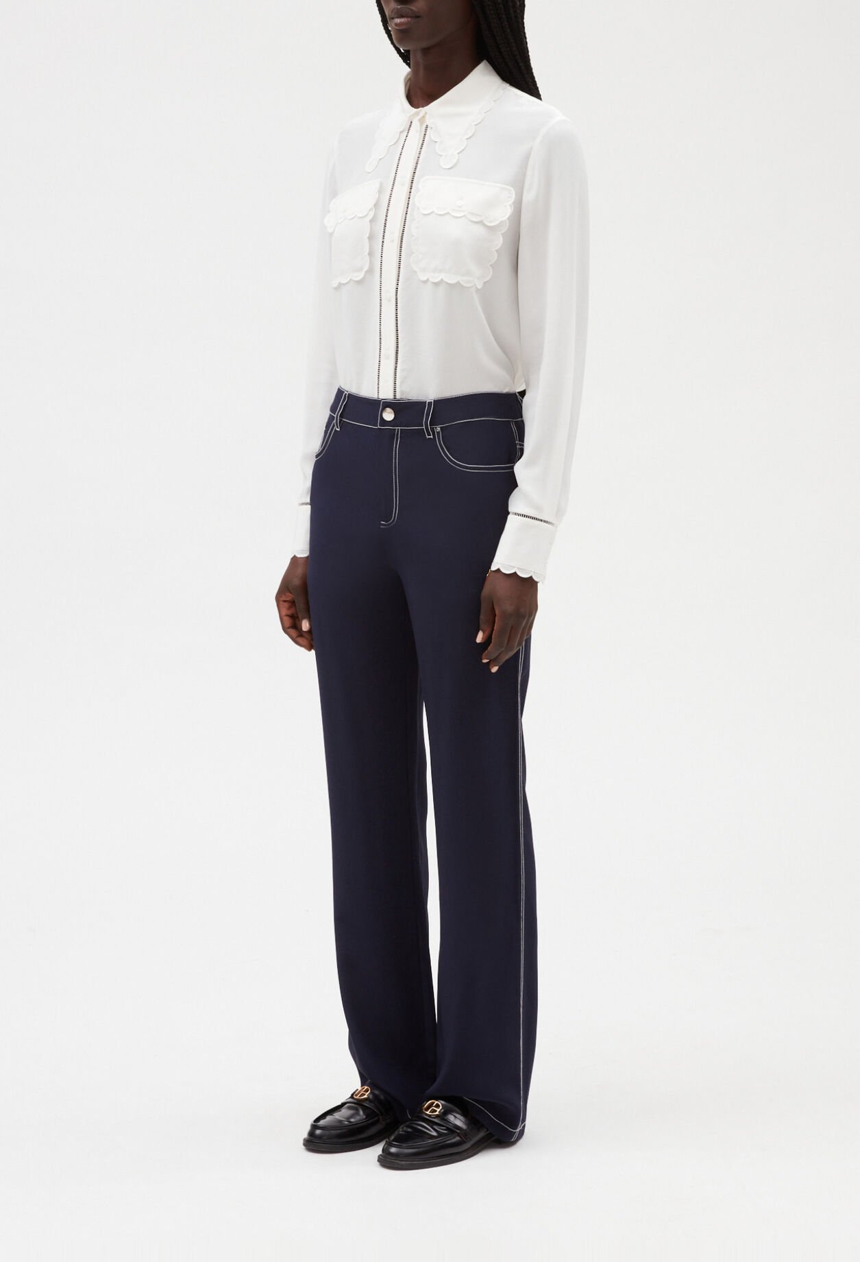 Pantalon droit long soie bleue