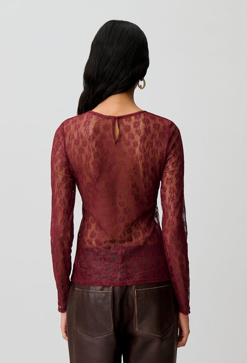 Fitted long-sleeved lace T-shirt