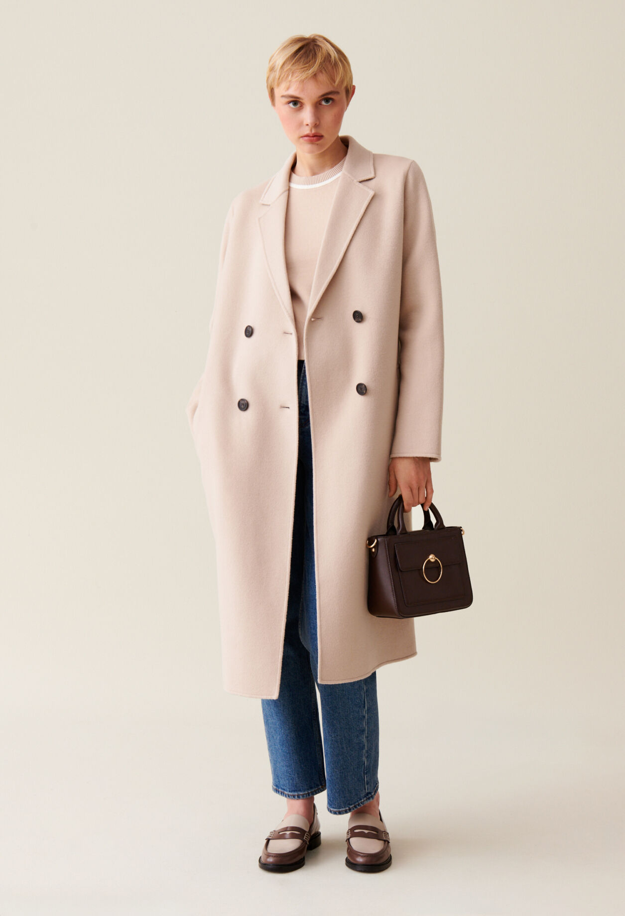 Manteau mi-long laine mélangée beige 