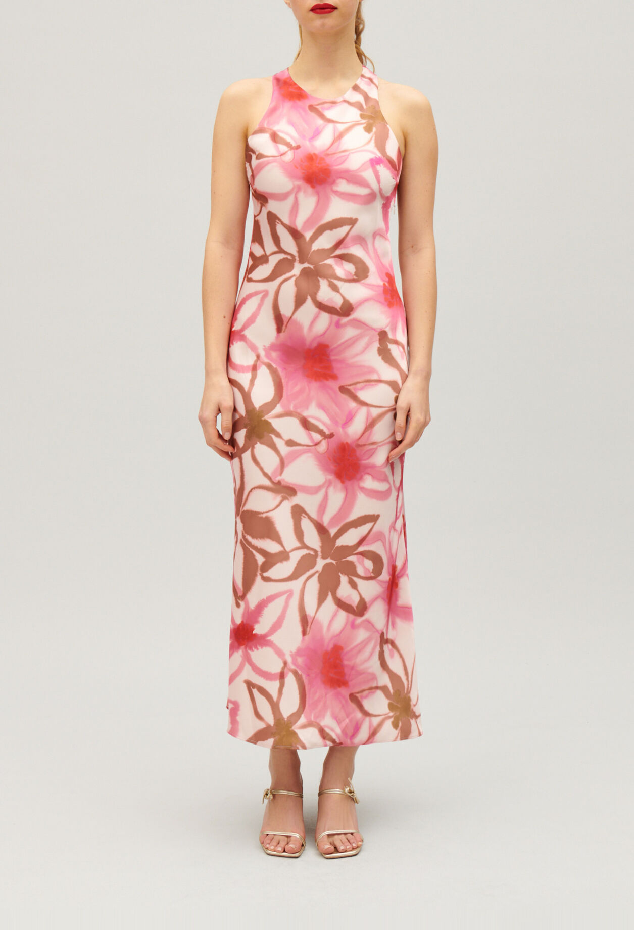 Robe longue satin&eacute;e imprim&eacute;e