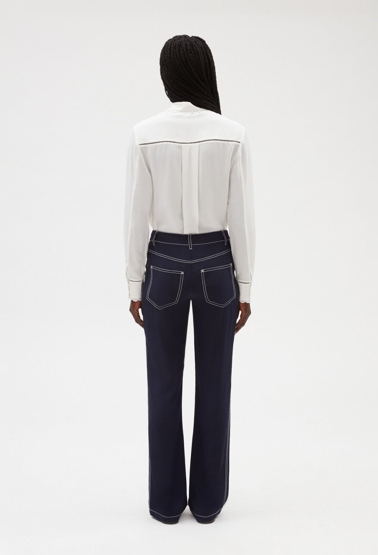 Pantalon droit long soie bleue