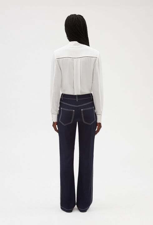 Blue silk long straight trousers