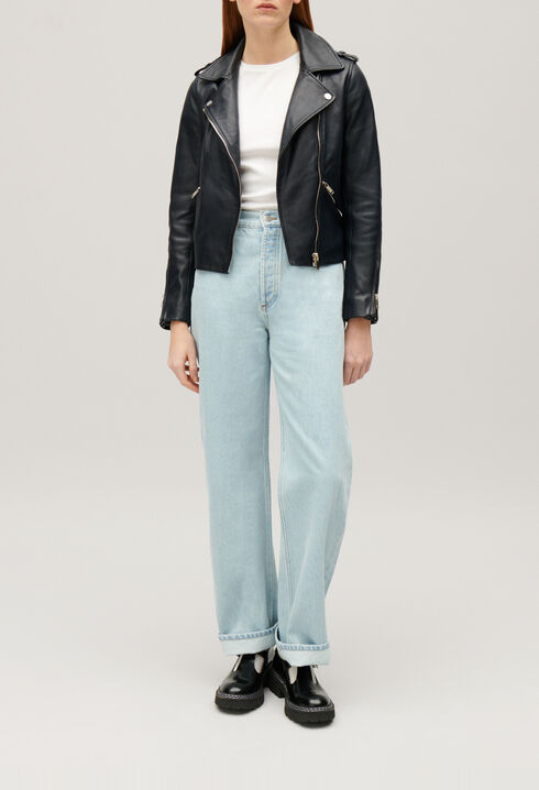 Veste en cuir lisse bleu marine