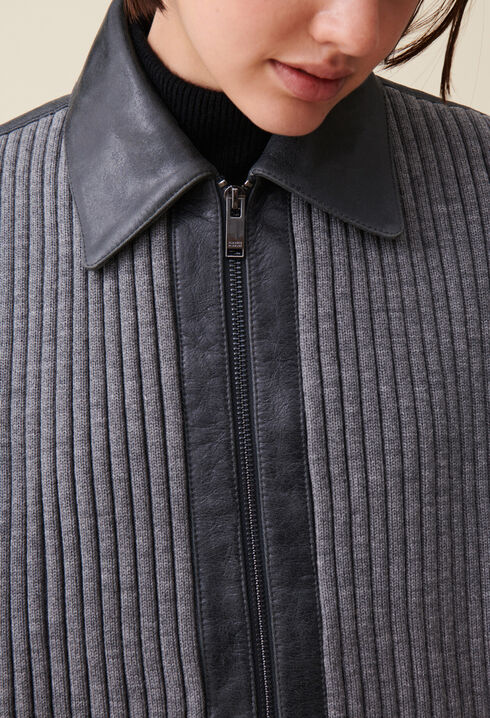 Bomber cuir bi matière gris
