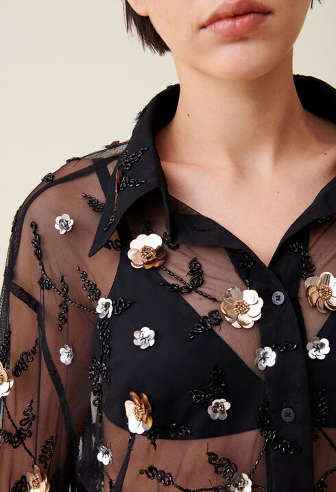 Chemise noire transparente brod&eacute;e