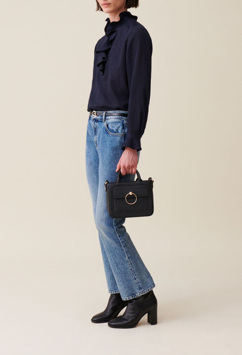 Dark blue striped ruffled blouse