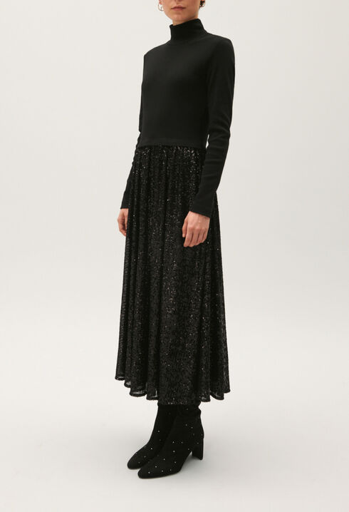 Black dual-fabric dress with sequins