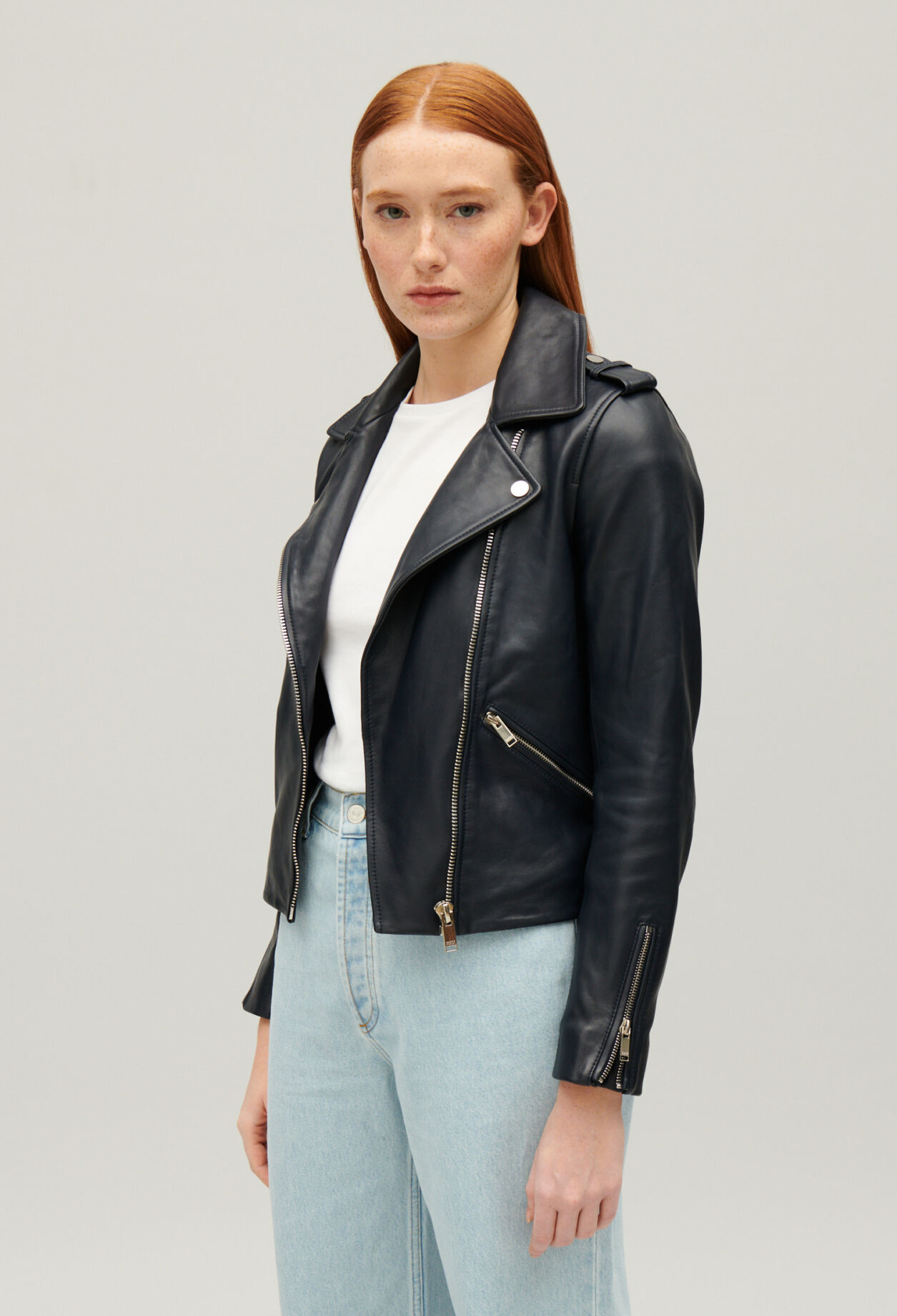 Navy blue smooth leather jacket