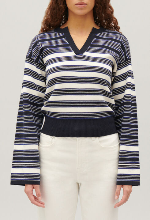 Pull col tunisien marine &eacute;cru