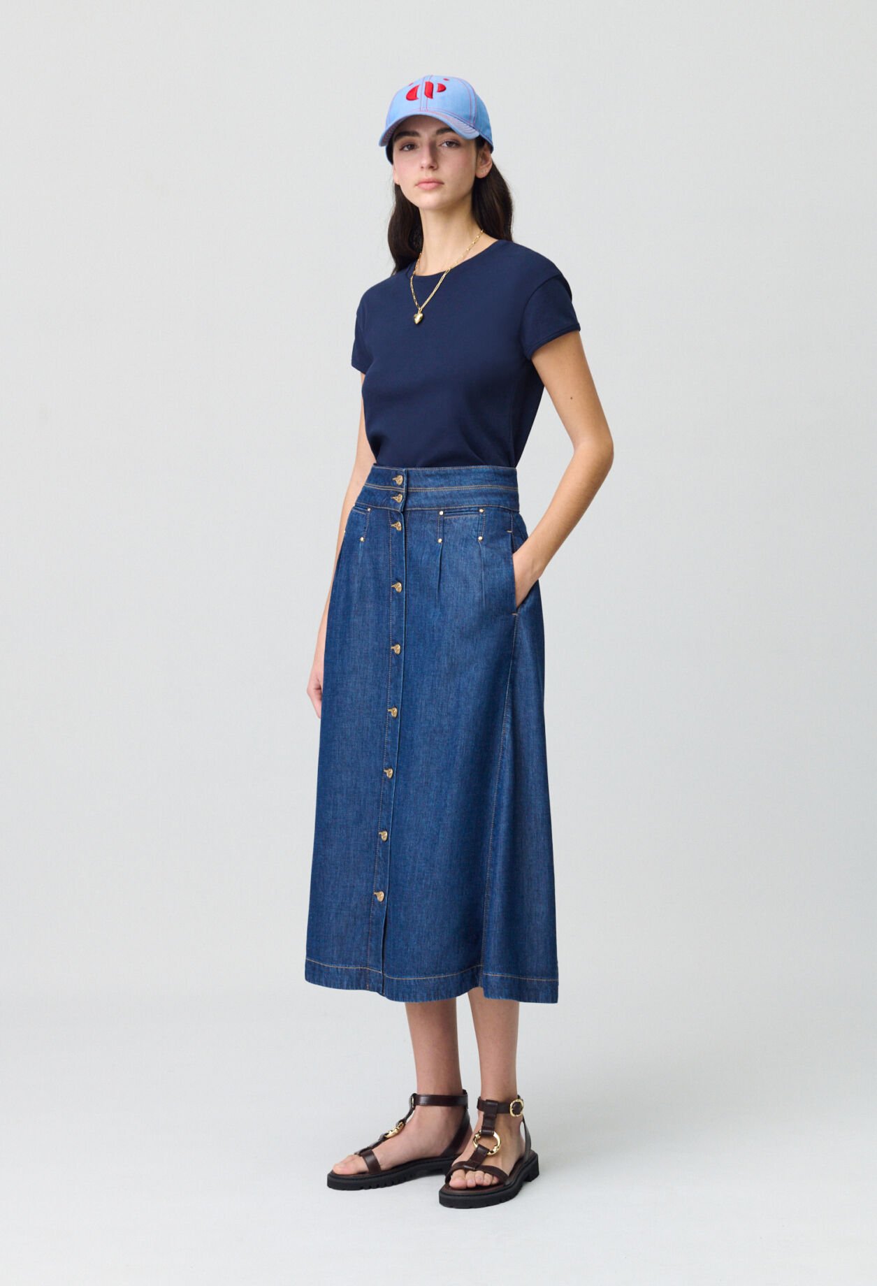 Long Button-Down Denim Skirt
