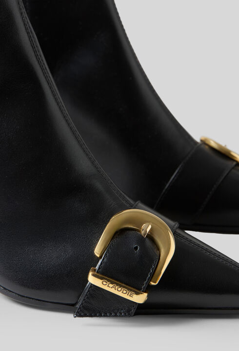 Gold buckle leather ankle boots