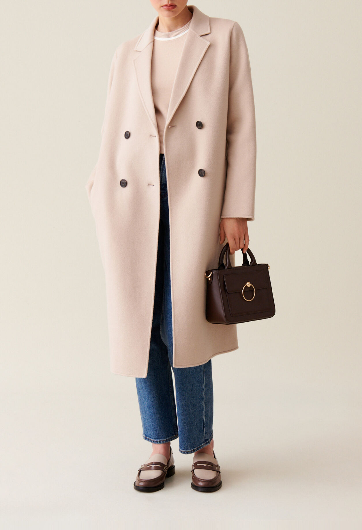 Mid-length beige wool blend coat 
