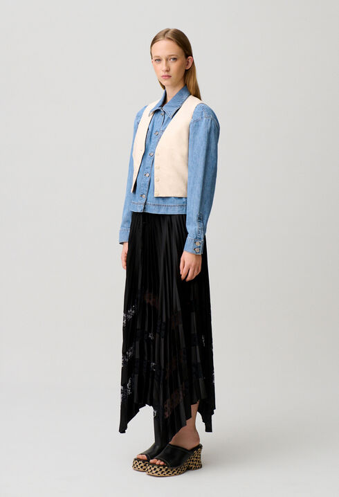 Pleated satin and lace skirt
