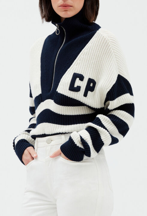 Striped two-toned high neck zip jumper