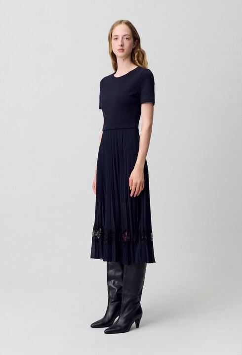 Robe midi bi-matière noire et marine 