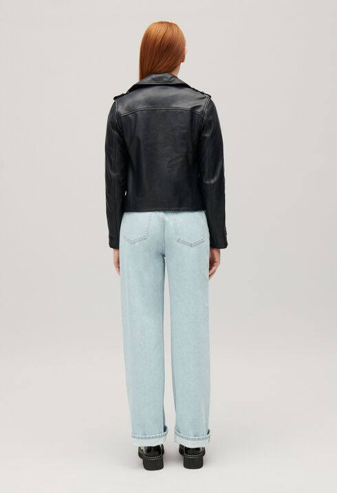 Veste en cuir lisse bleu marine
