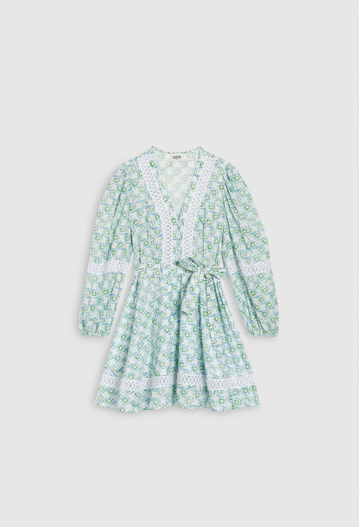 Robe imprim&eacute;e bleue &agrave; galons de dentelle