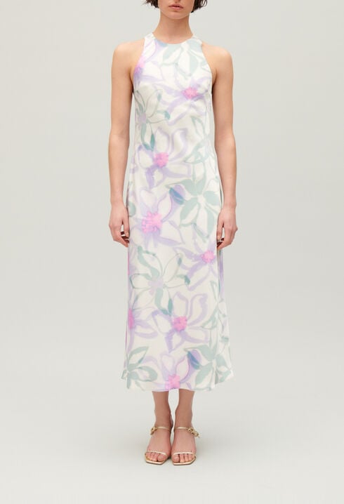 Langes, satiniertes Kleid mit Printmotiv