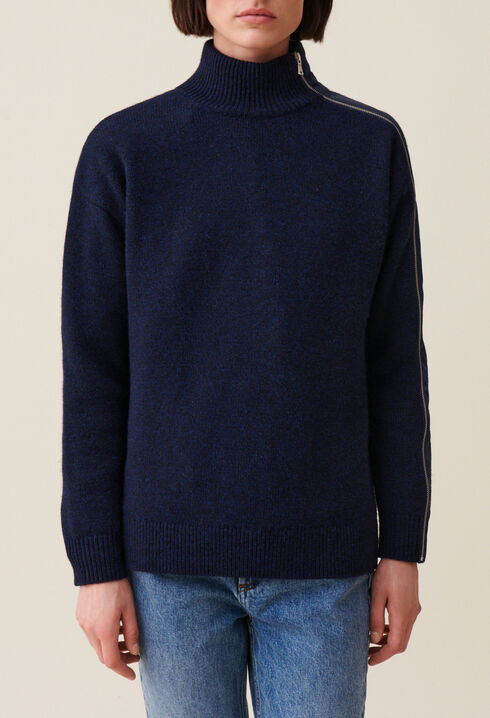 Pull col montant zipp&eacute; bleu marine