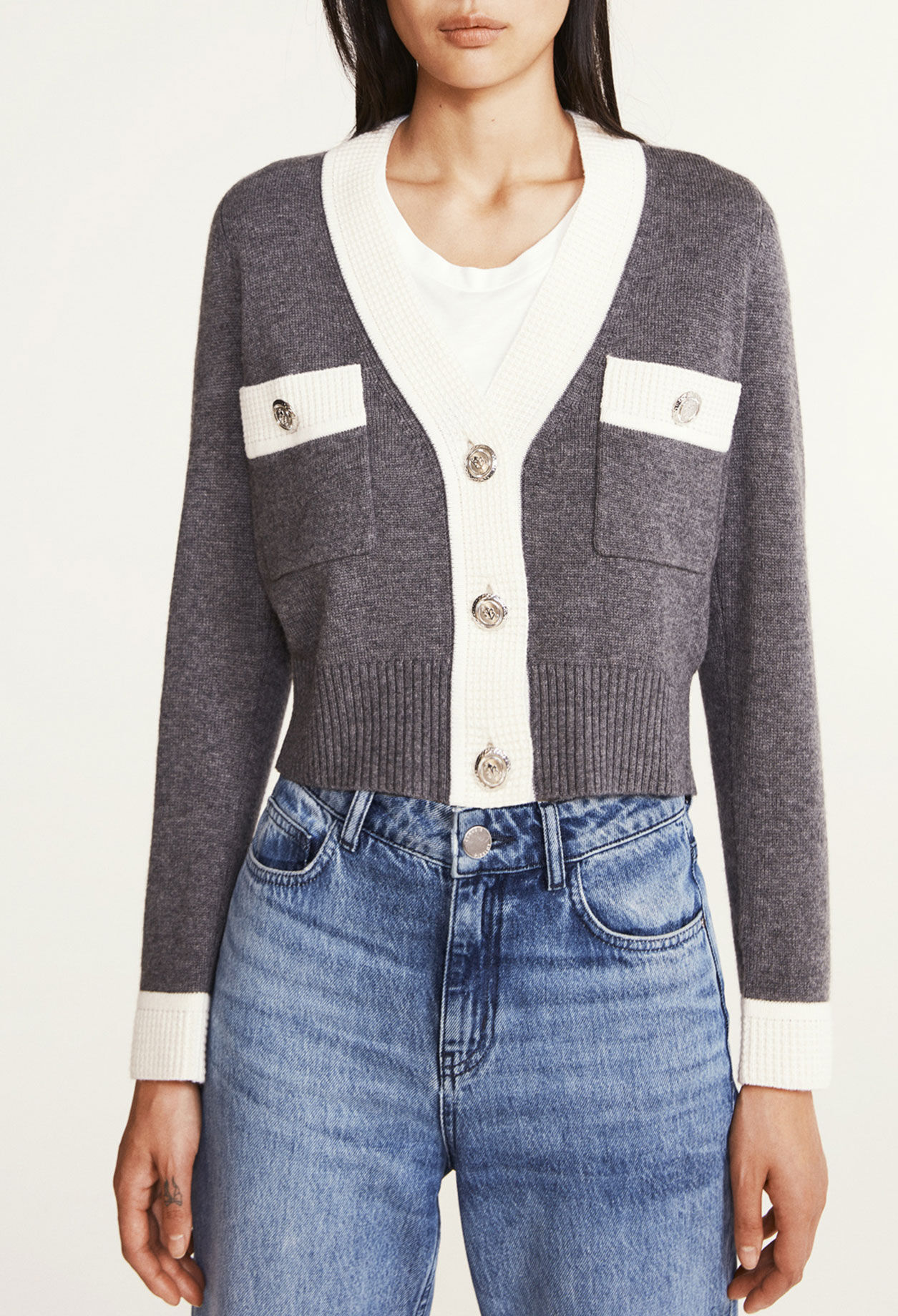 Two-tone wool and cashmere cardigan