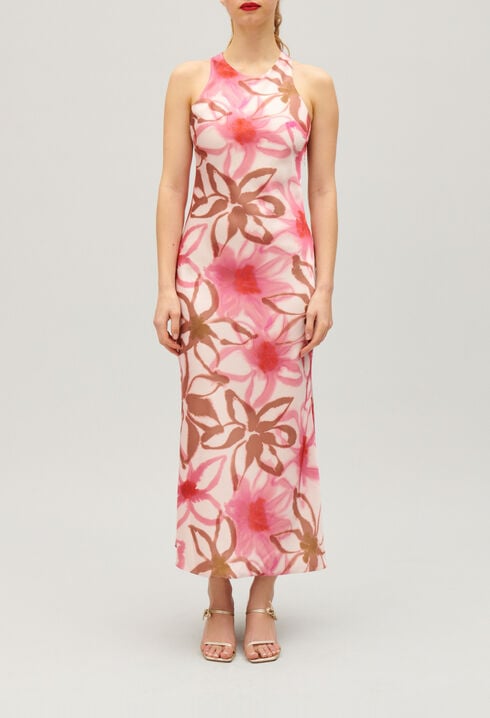 Langes, satiniertes Kleid mit Printmotiv