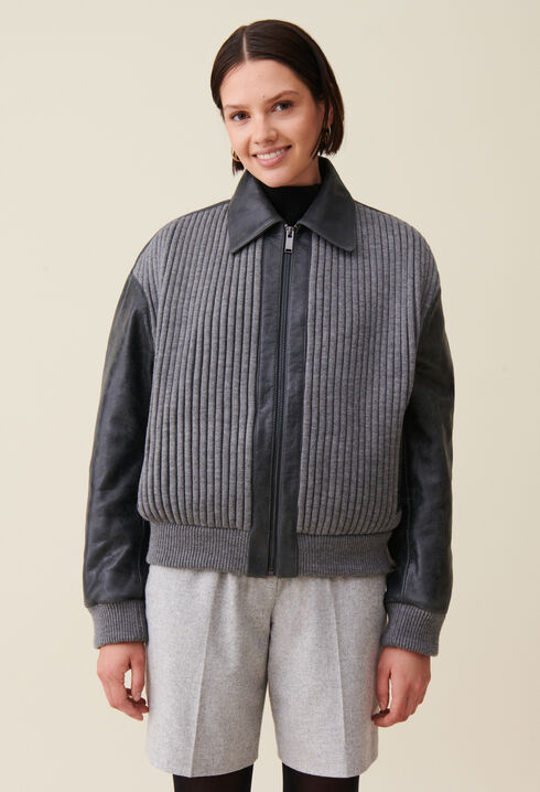 Bomber cuir bi matière gris