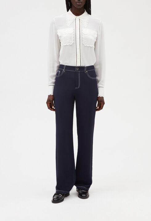 Blue silk long straight trousers