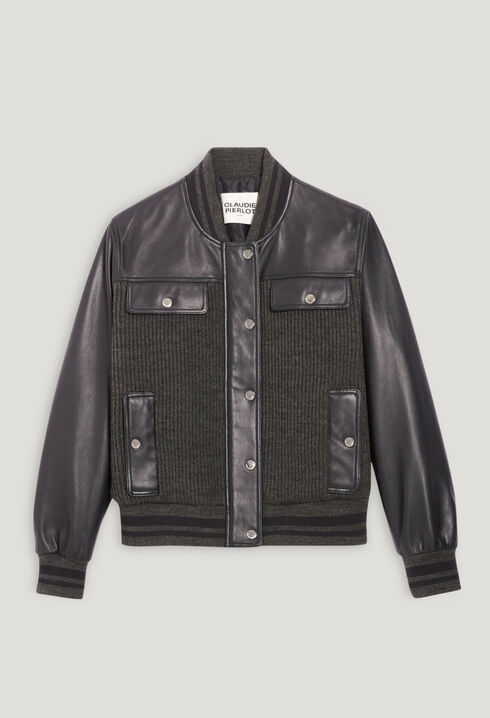 Dual-material leather and knitted jacket