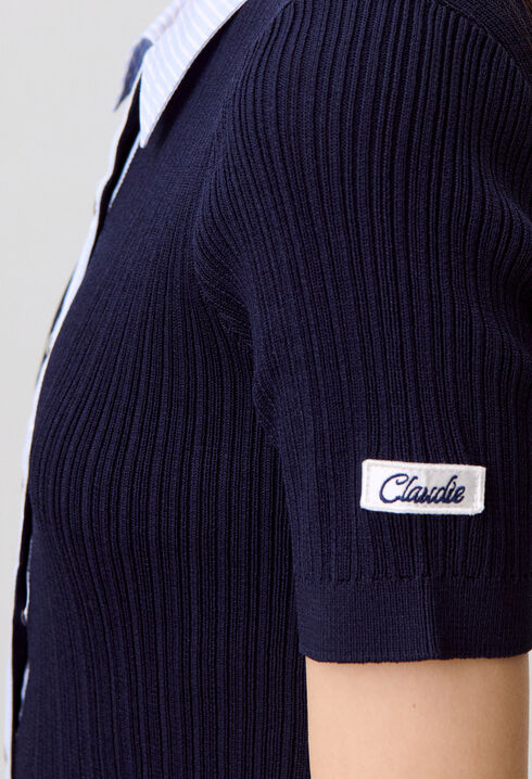 Striped bi-material cardigan