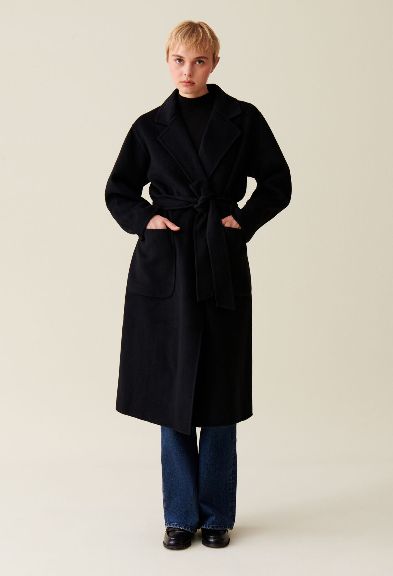 Black belted long coat