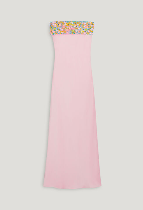 Long embroidered blush strapless dress
