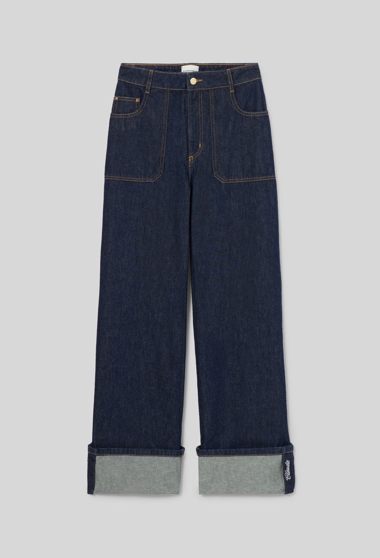 Weite Jeans, bestickter Umschlag