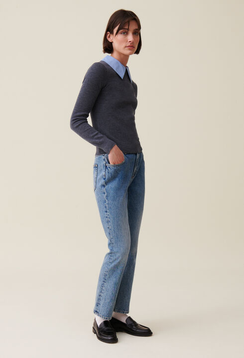 Pull laine col chemise amovible