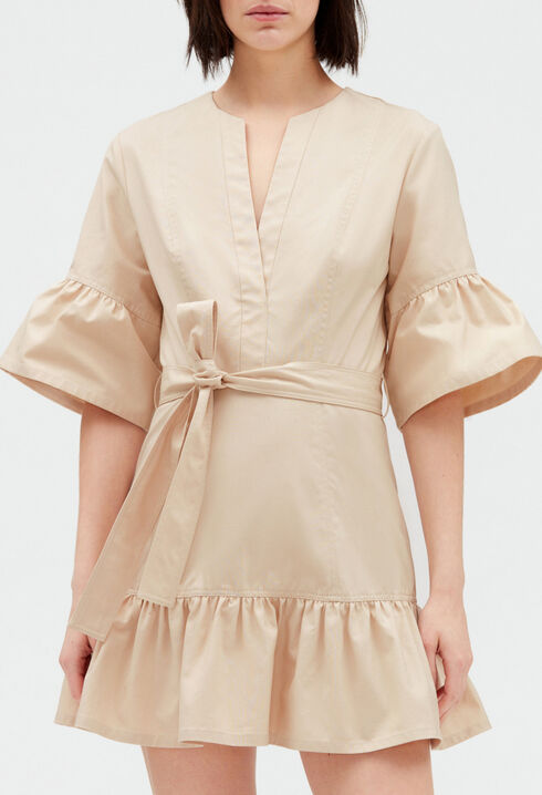 Kurzes Kleid mit Volant-Ärmeln, beige