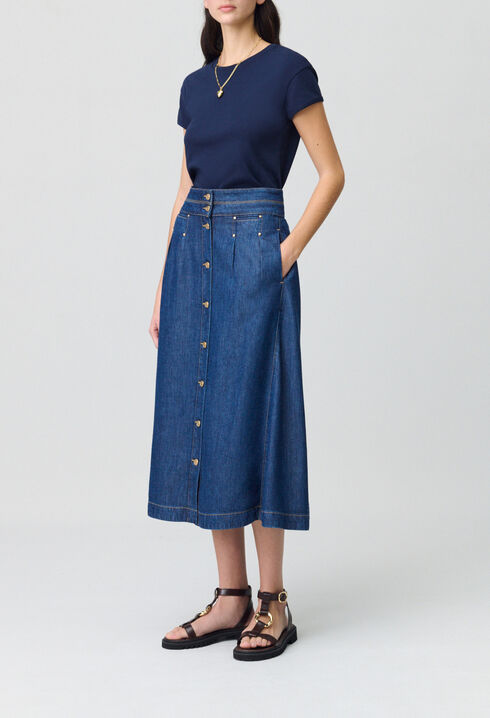 Long Button-Down Denim Skirt