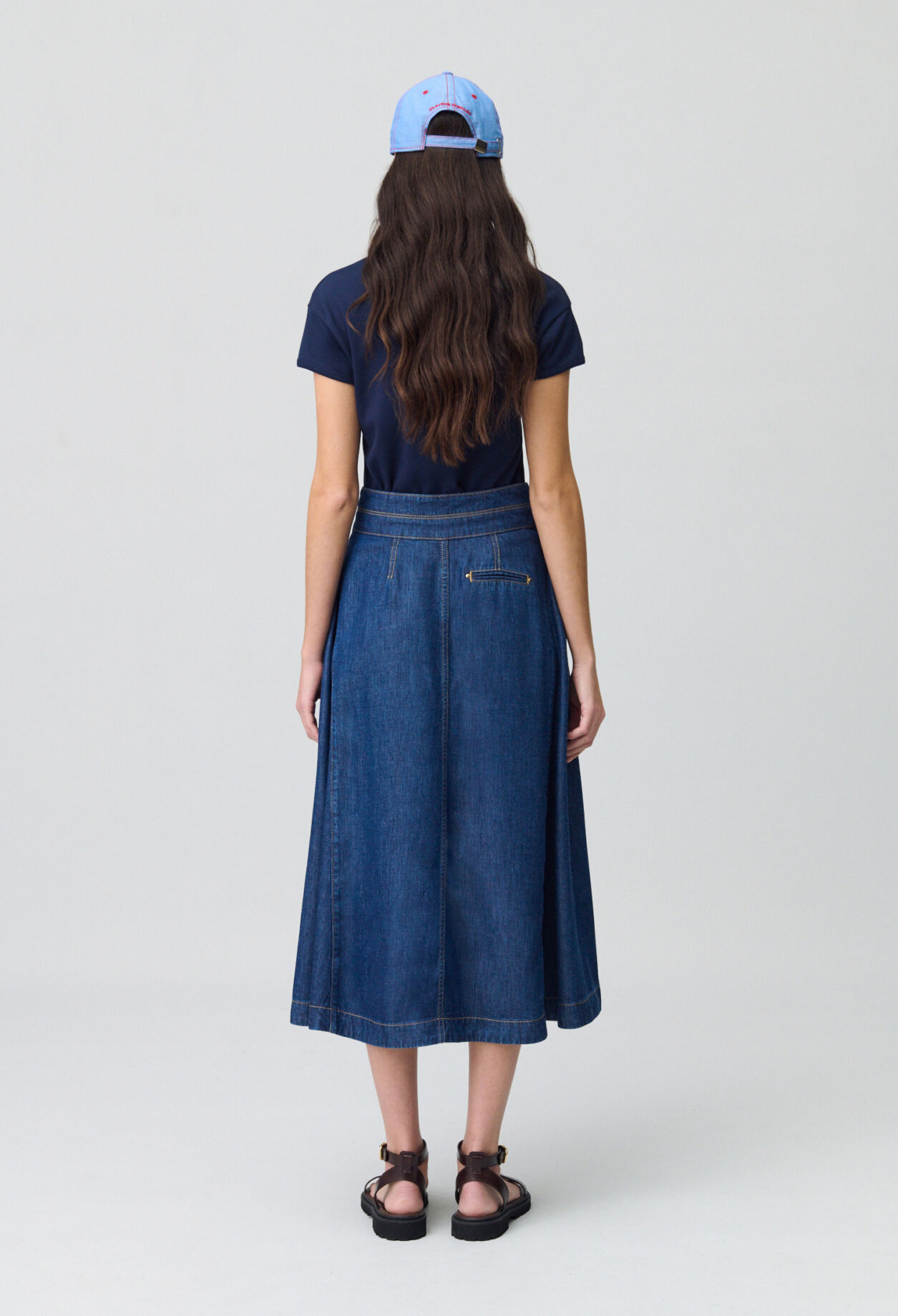 Long Button-Down Denim Skirt