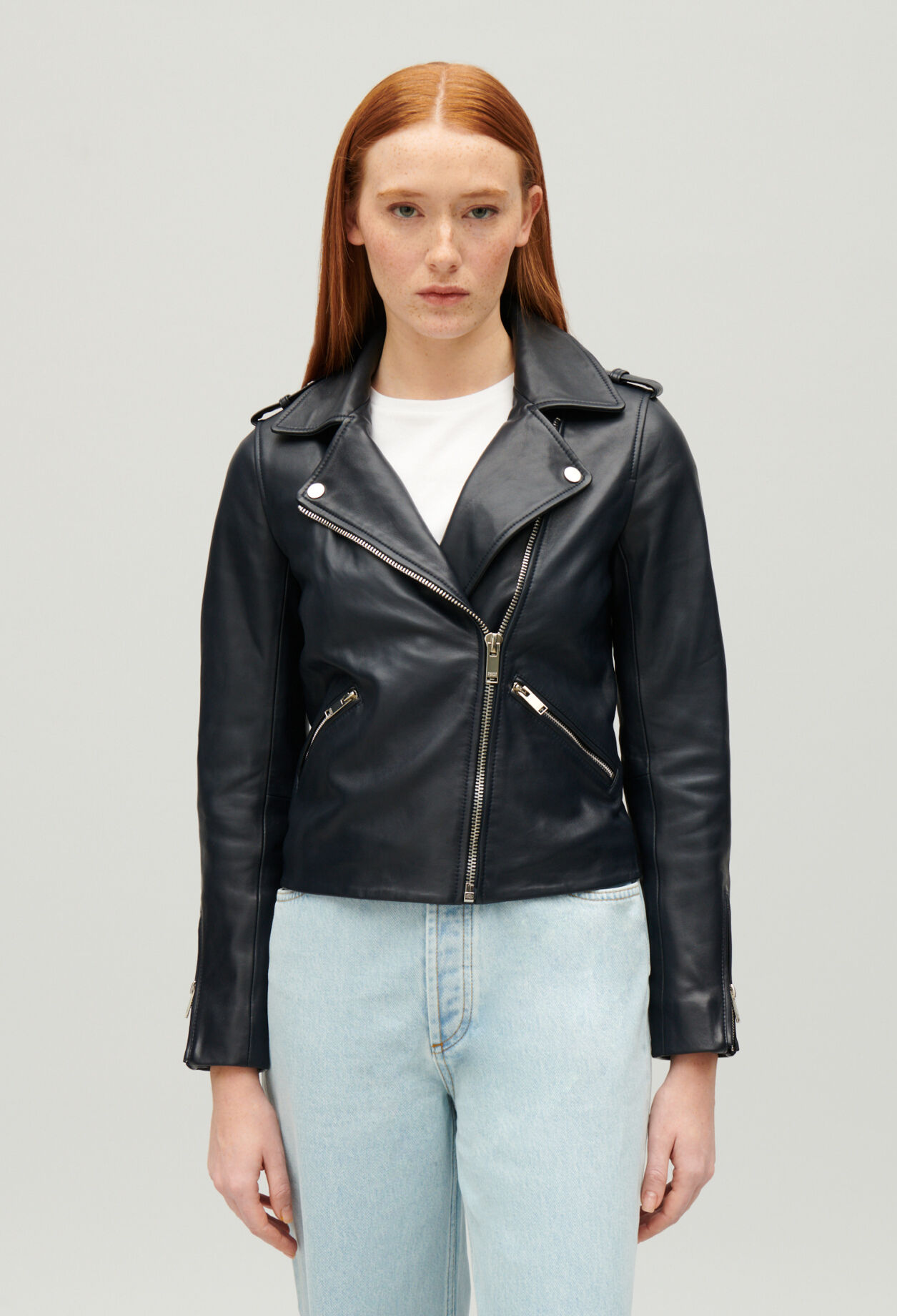 Navy blue smooth leather jacket