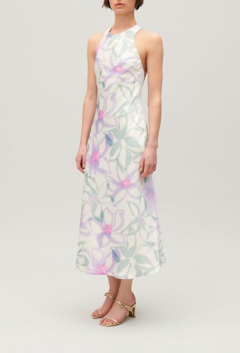 Langes, satiniertes Kleid mit Printmotiv