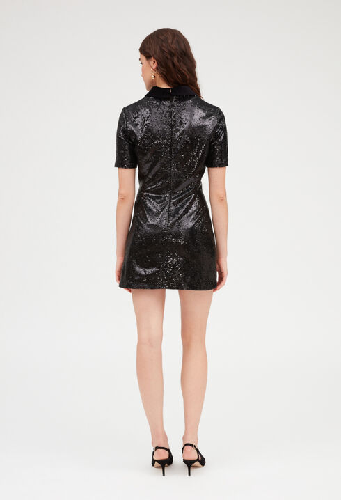 Sequin short dress black velvet collar