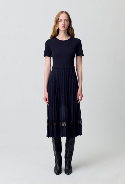 Robe midi bi-matière noire et marine 